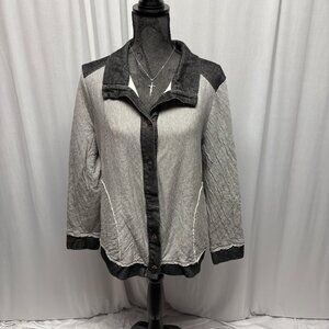 Focus Casual Life Cardigan Womens Sz Large Gray Black Button Up Raw Edge Details